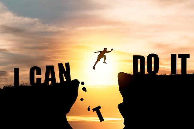 An image of a guy jumping from one side to another side. Text reads "I can do it". It's for a blog post about The Inner Critic versus the Inner Adult.
